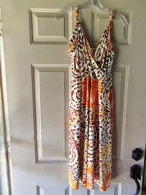 Merona Summer Dress Size Large + bold orange brown floral abstract pattern